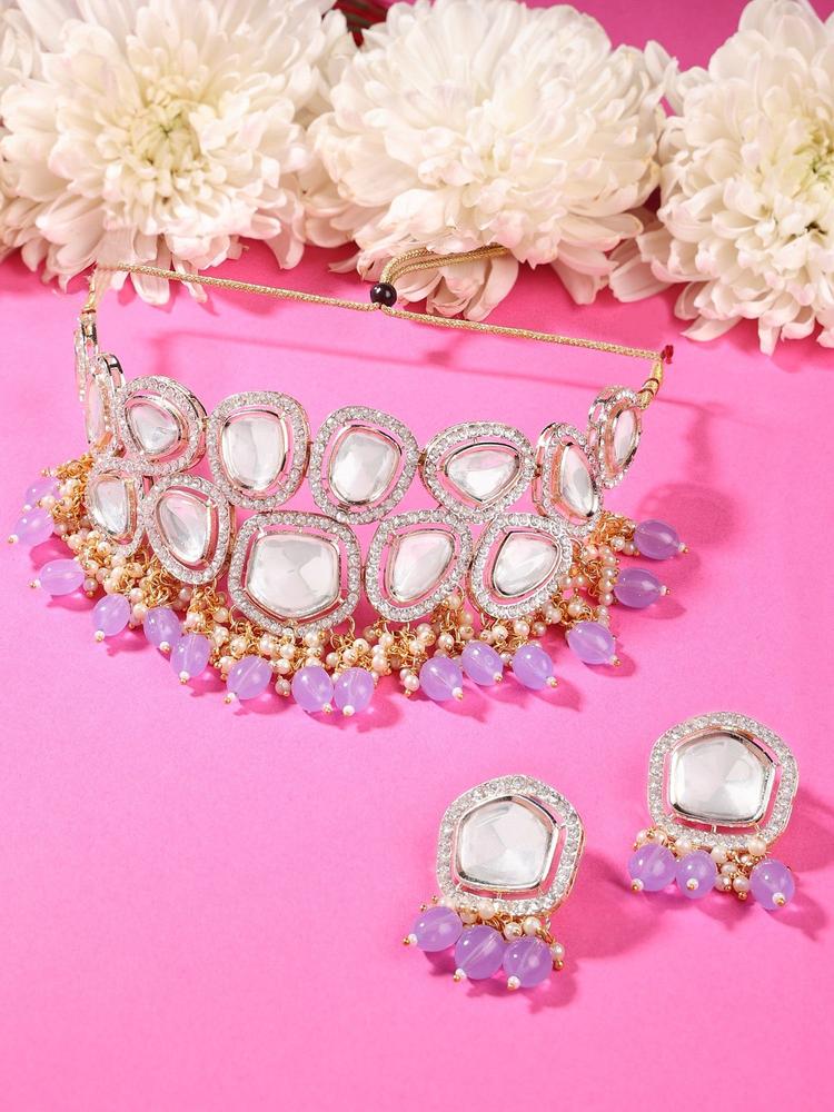 Purple Beads Drop Kundan Bridal Choker Necklace Earring Set-ZPFK15841