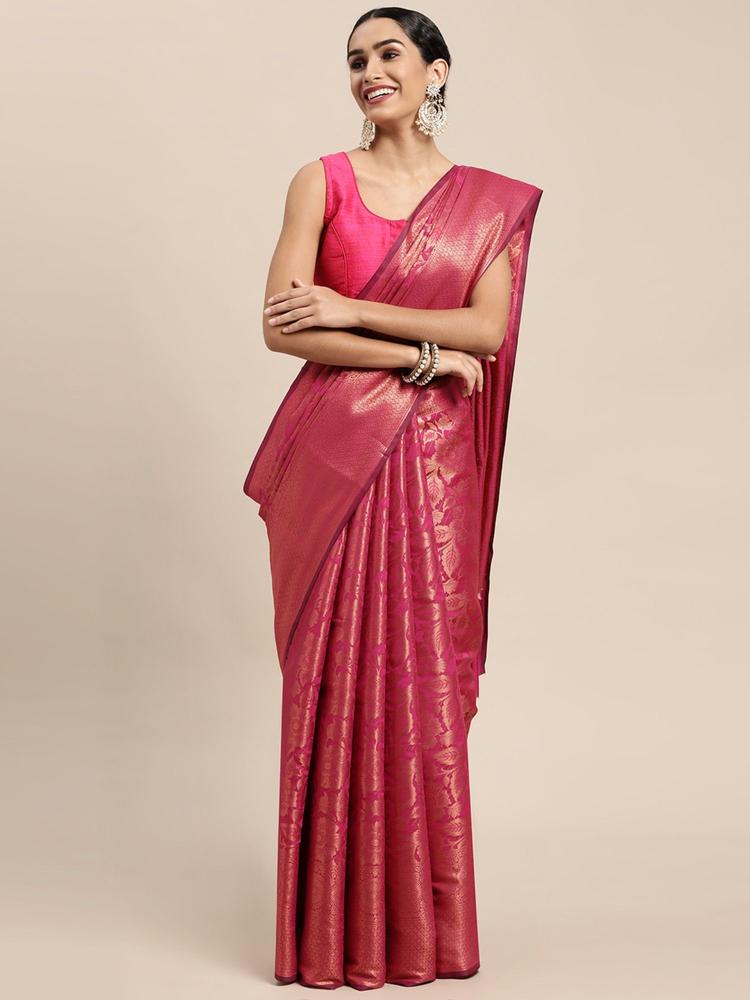 Rani Pink Copper Zari Kanjivaram Silk Saree with Unstitched Blouse