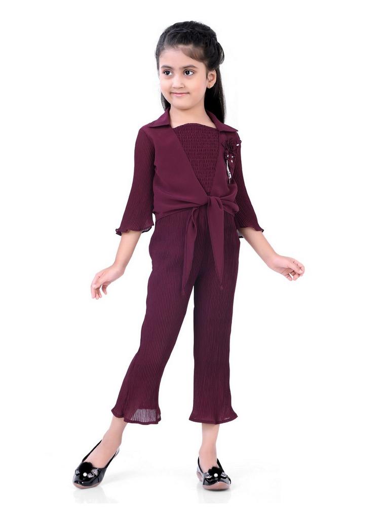 Pleated Cotton Full Length Jumpsuit for Girls - Wine (Set of 2)