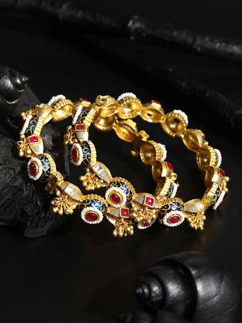 Ruby Beads Kundan Ghungroo Gold Plated Bangle Set
