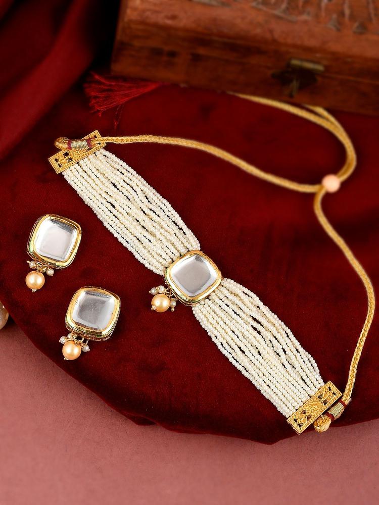 Gold-Plated White Onyx-Beaded Polki Stone Jewellery (Set of 2)