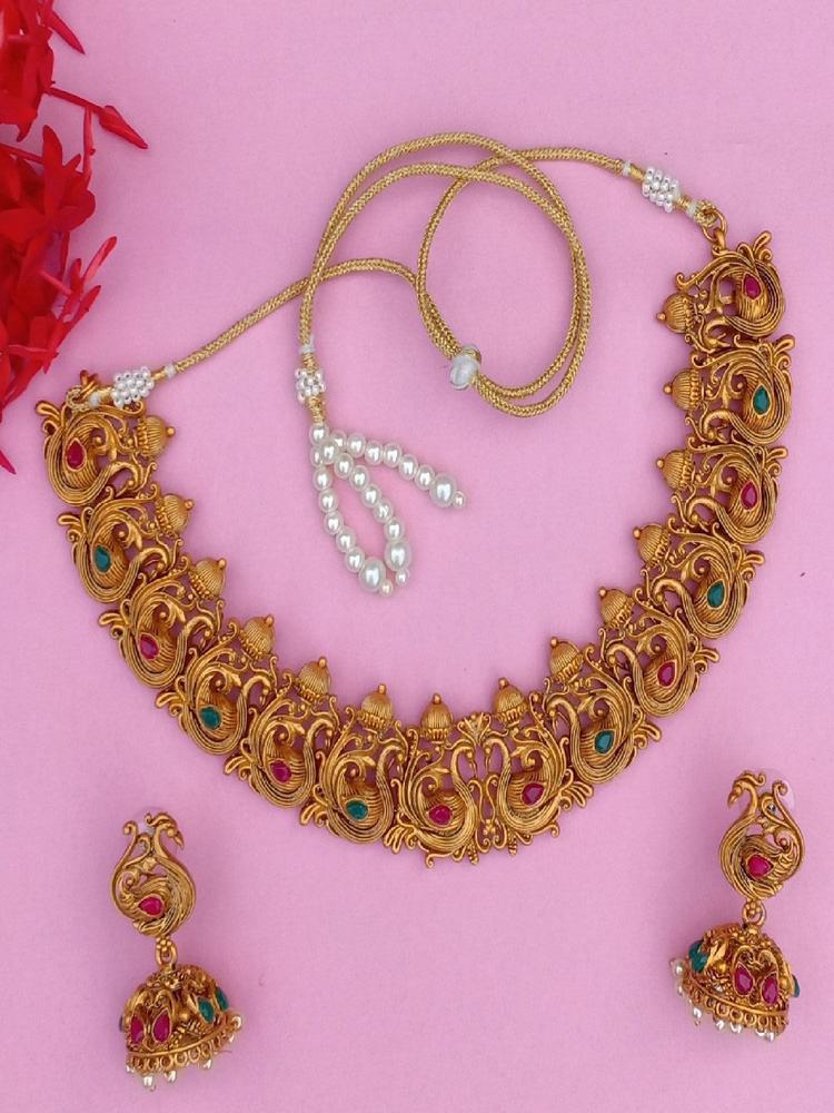 Gold Plated Holy Swan Nakshi Temple Necklace Set with Crystals and Pearls for Women