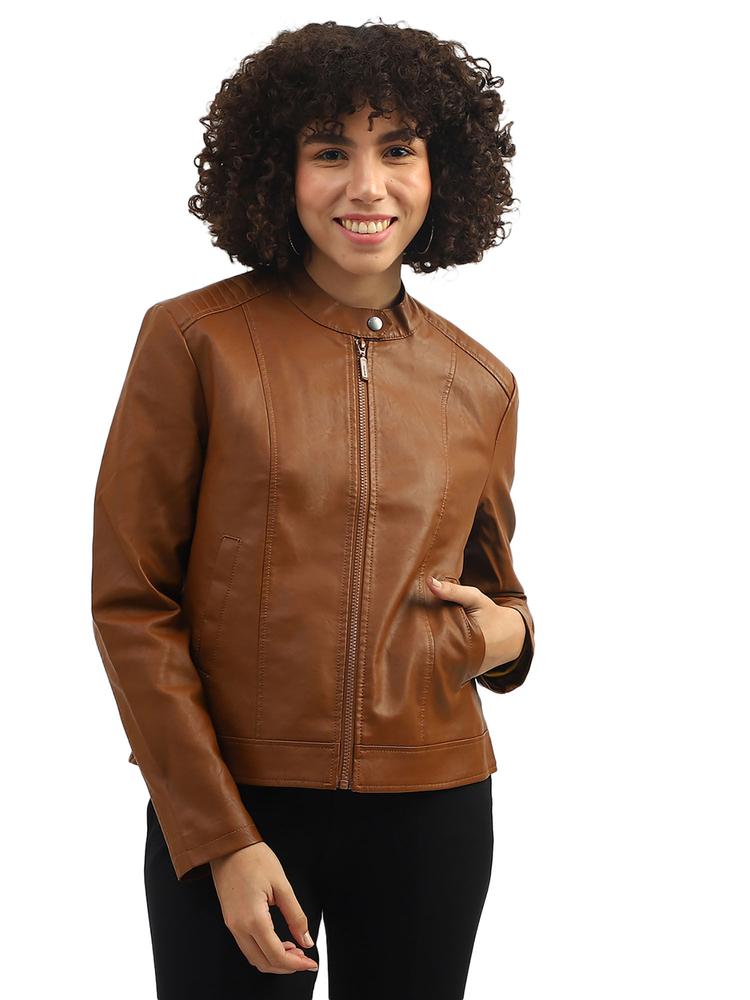 Women Solid Band Collar Jacket Brown