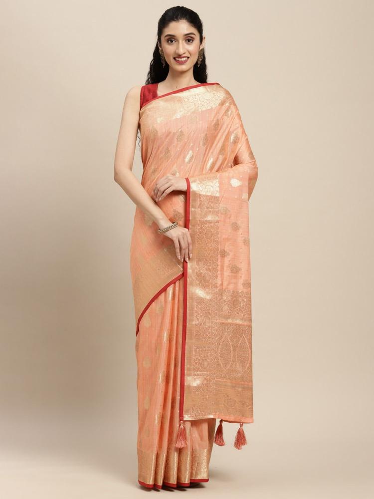 Peach Silk Woven Work Tassle Saree with Unstitched Blouse with Unstitched