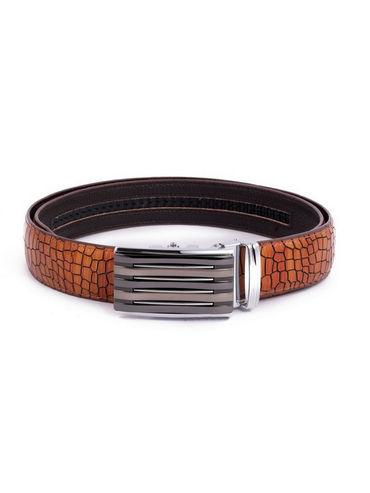 Men's Crocodile Pattern Leather Auto Lock Belt With Lines Pattern Buckle
