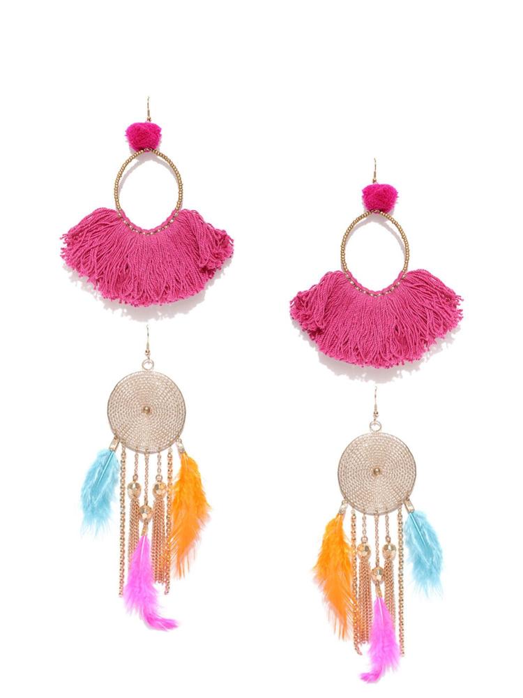 Multicolor Feather & Tassel Drop Earrings (Pack of 2)