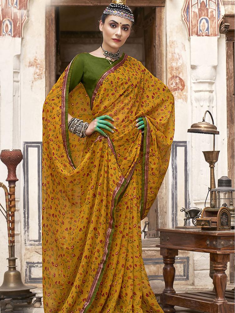 Mustard Georgette Floral Printed Saree with Unstitched Blouse