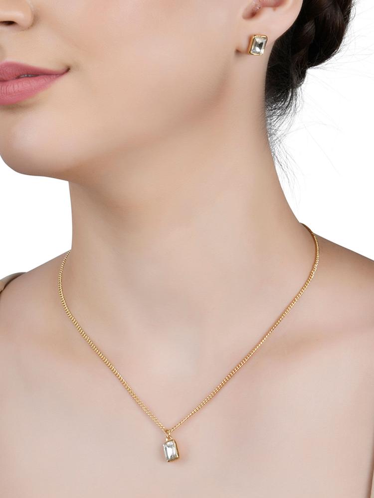 Gold Toned Necklace Geometric Stone Studded Pendant & Stud Earrings (Set of 2)