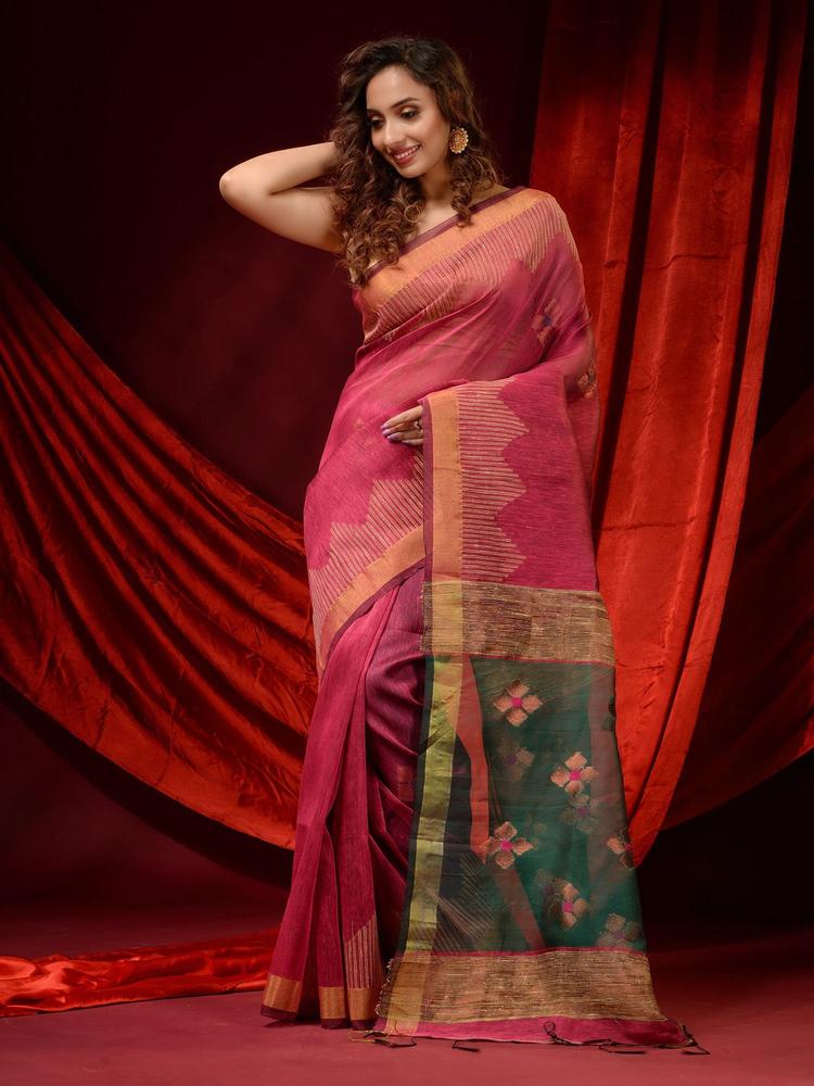 Punch Pink Linen Temple Borders and Woven Floral Motifs Saree with Unstitched Blouse