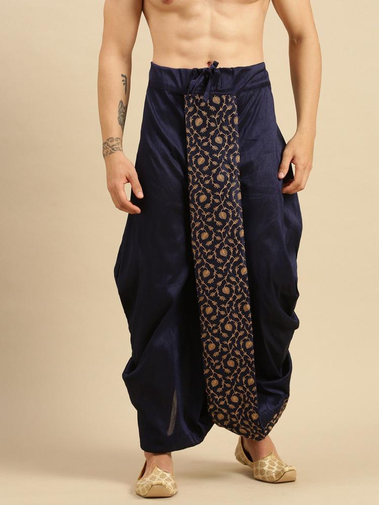 Mens Traditional Blue Coloured Embroidered Art Silk Dhoti