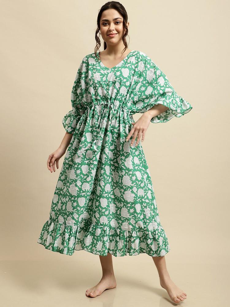Women's Green Sanganeri Handblock Print Kaftan Night Dress