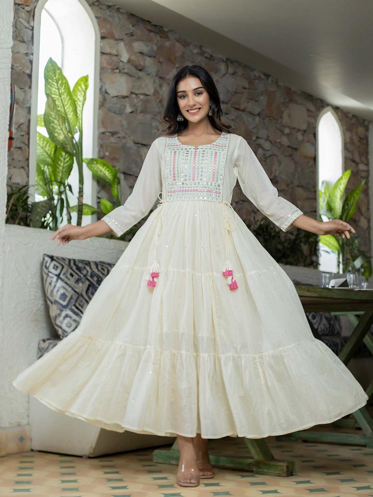 White Mirror Embroidered Long Flared Gown