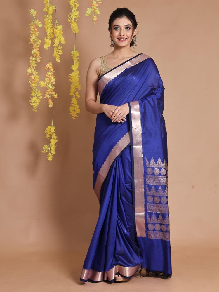 Royal Blue Silk Handwoven Temple Borders & Ethnic Patterns Saree with Unstitched Blouse