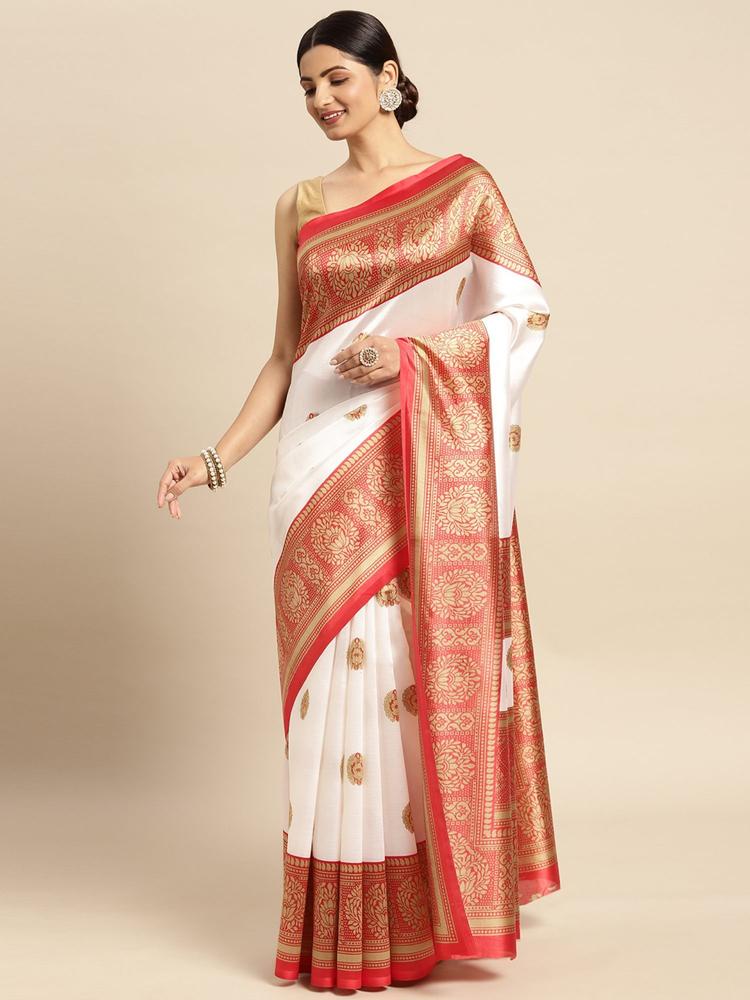 White Art Silk Printed Traditional Saree with Unstitched Blouse