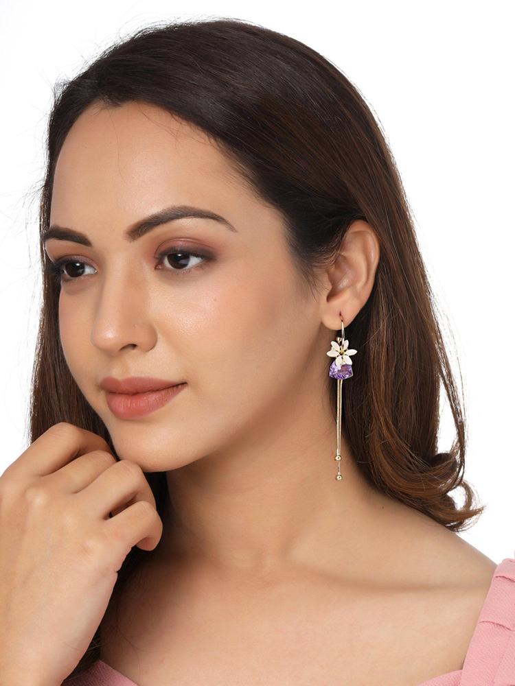 Gold Tone Flower Designed Purple Crystal Long Chain Drop Dangle Earrings
