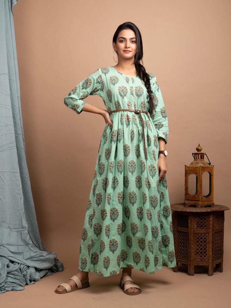Sea Green Ethnic Motifs Printed Gown