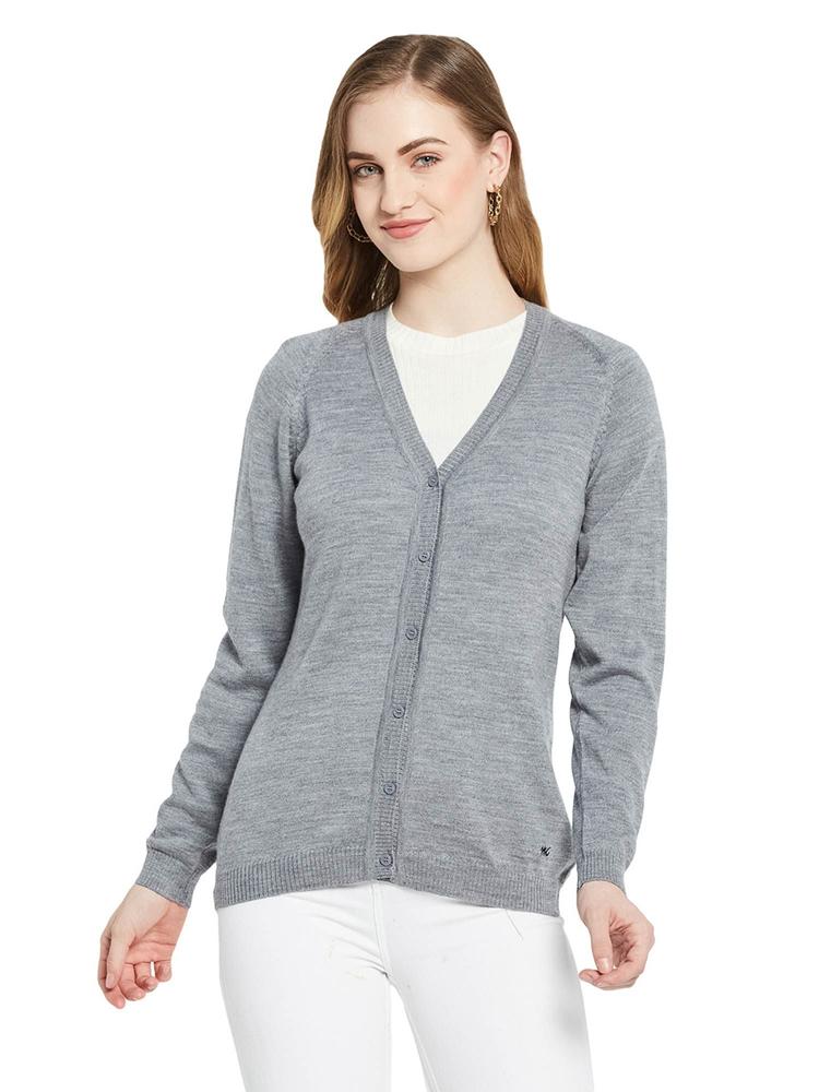 Womens Pure Wool Grey Solid V Neck Cardigan