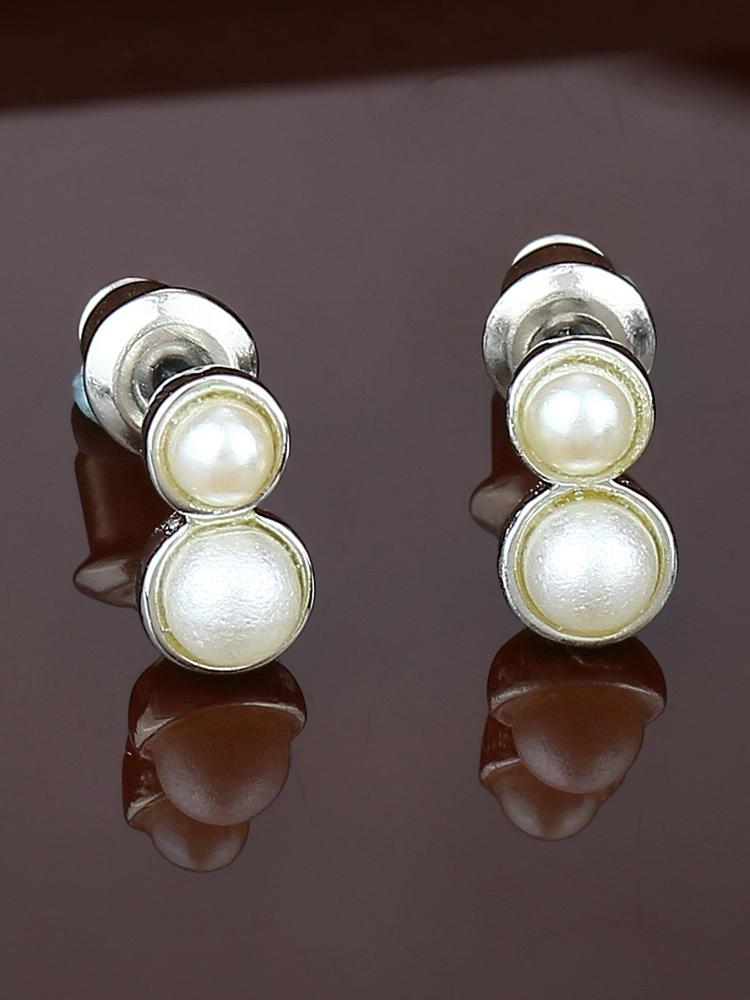 Women Estele Rhodium Plated Circular Drop Earrings with Pearl