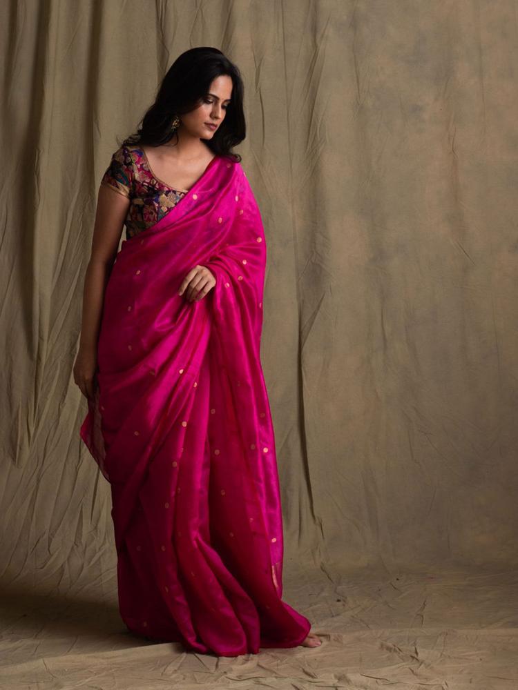 Triya Pink Silk Chanderi Saree with Gold Butis with Unstitched Blouse