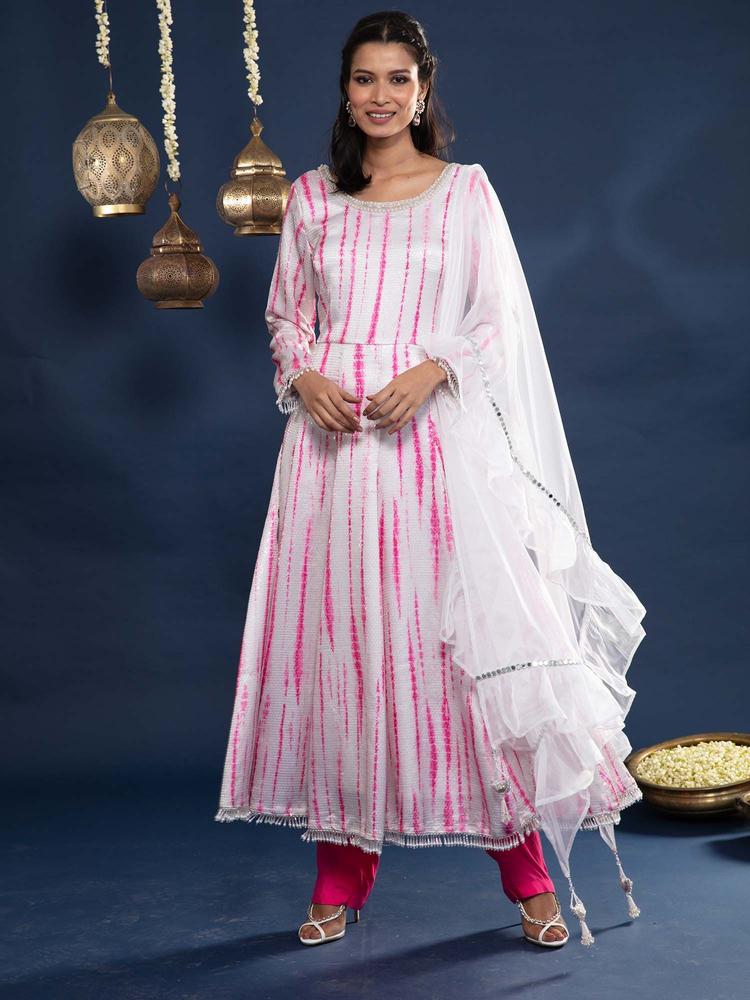 Gajra Gang Shimmery Tie Dye White & Pink Anarkali With Straight Pant & Dupatta (Set of 3)