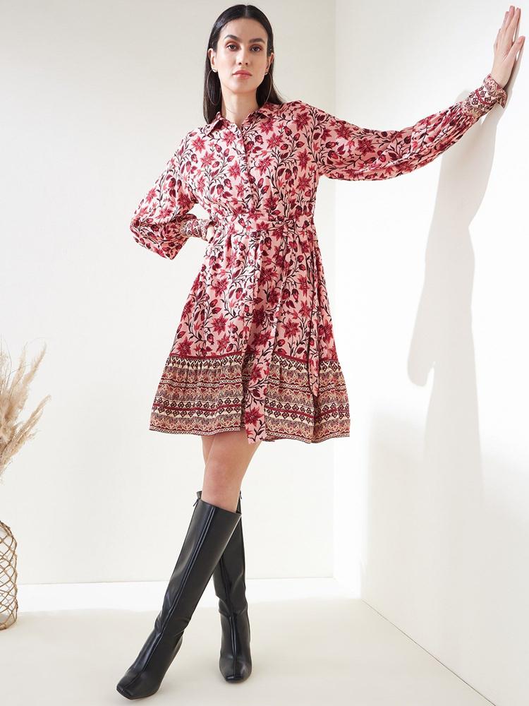Red Floral Border Print Tiered Mini Shirt Dress with Belt (Set of 2)