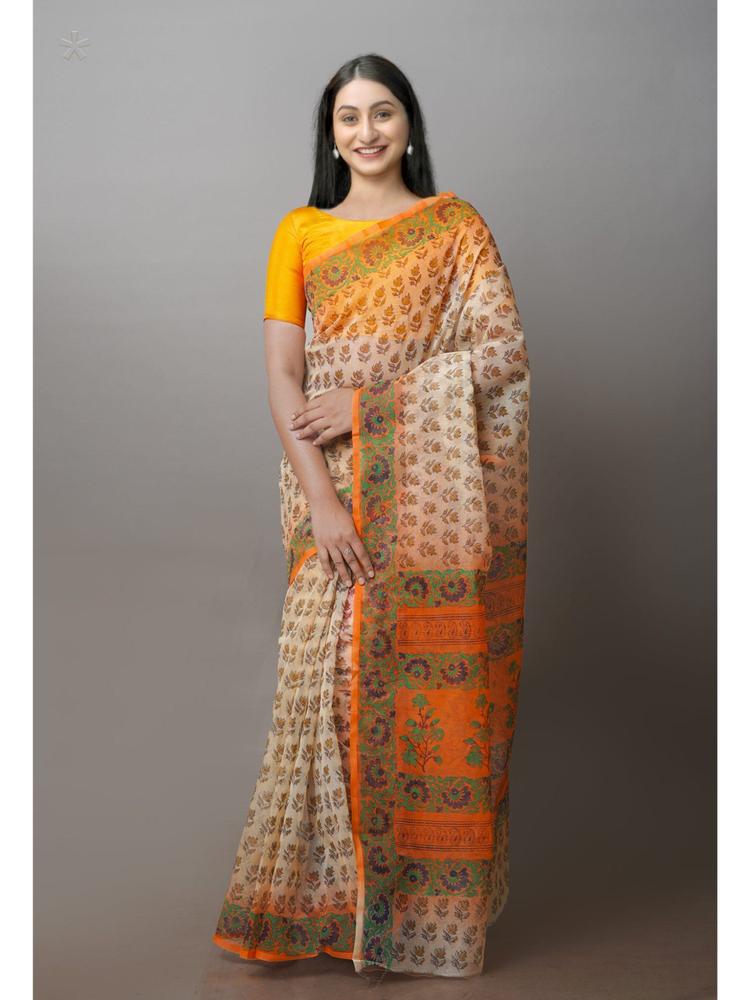 Cream Block Printed Super net Sarees with Unstitched Blouse