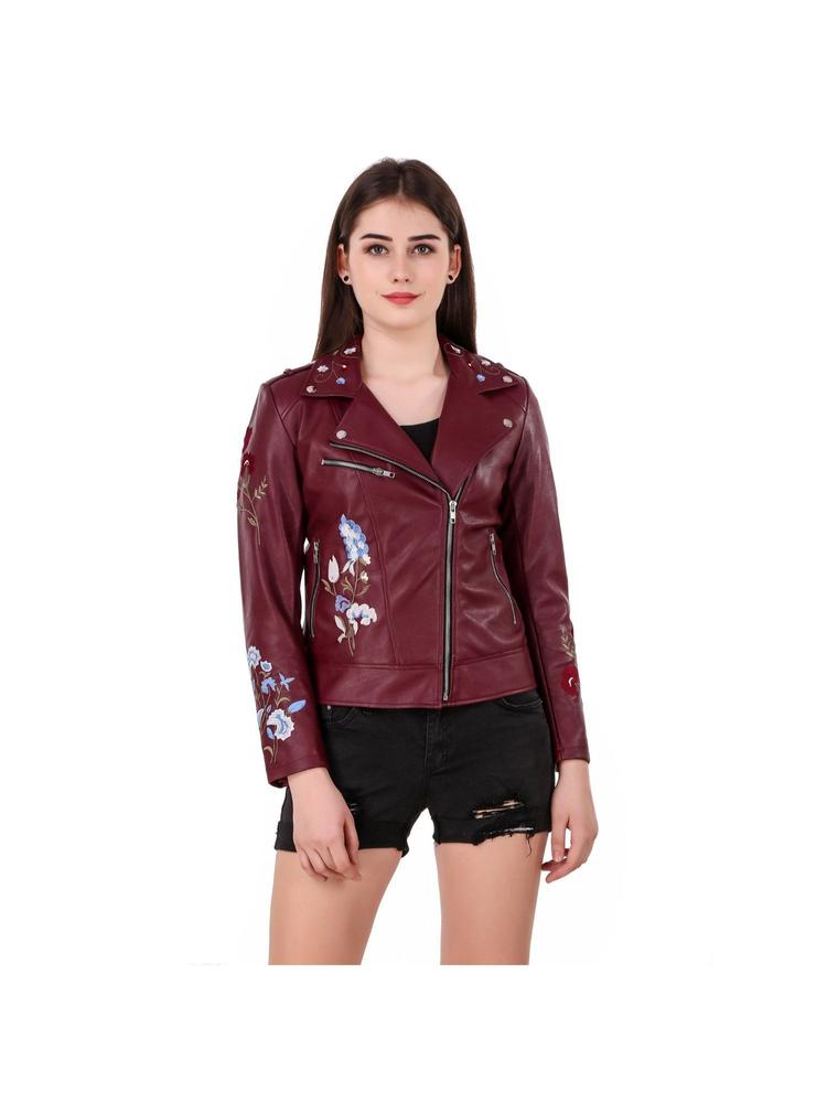 Hand Embroidery Cherry Colour Faux Leather Jacket for Woman