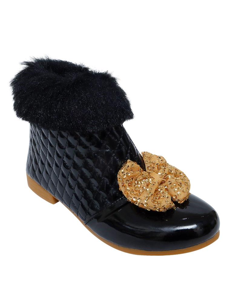 Winter Black Boots for Girls with Bow Applique