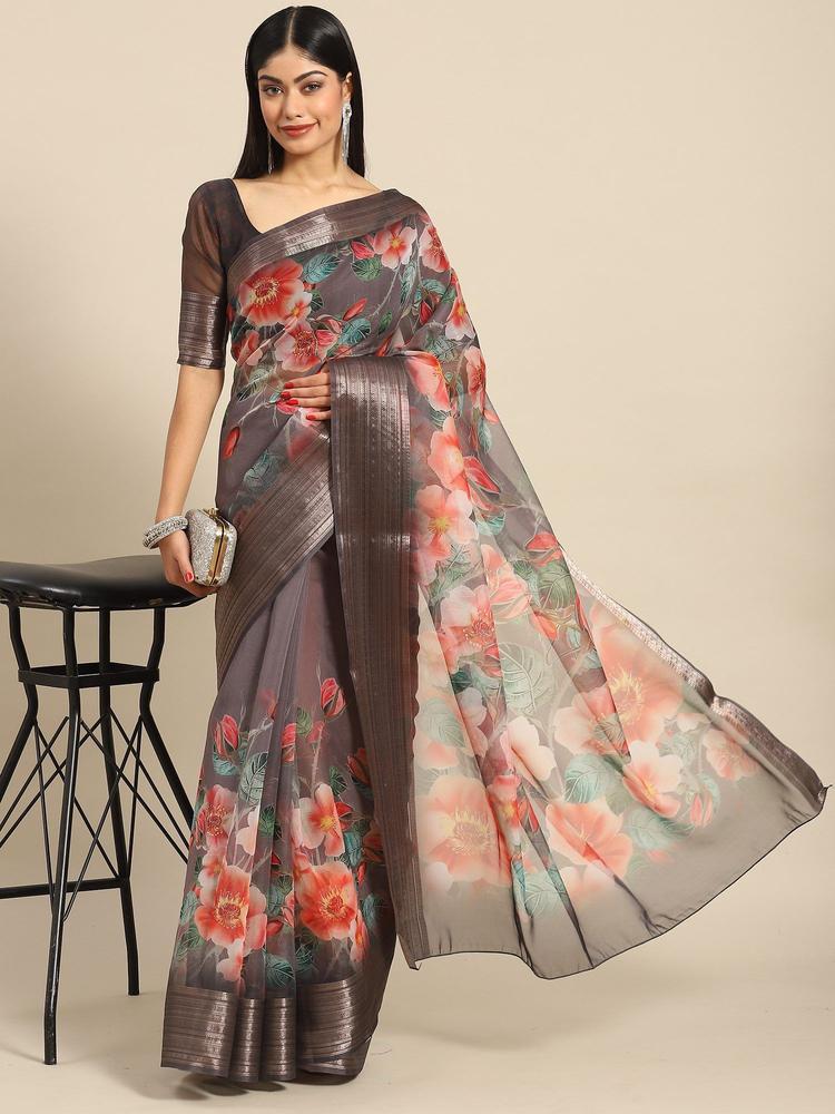 Women's Cotton Blend Brown Printed Celebrity Saree with Unstitched Blouse