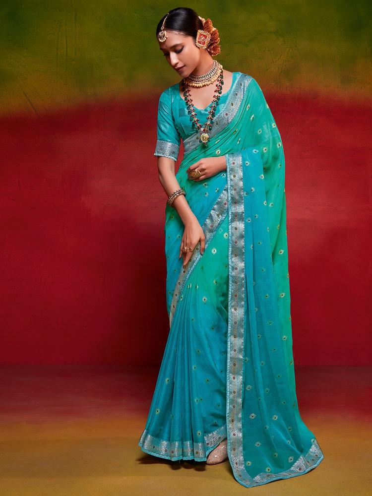Women's Chiffon Blue Woven Celebrity Saree with Unstitched Blouse