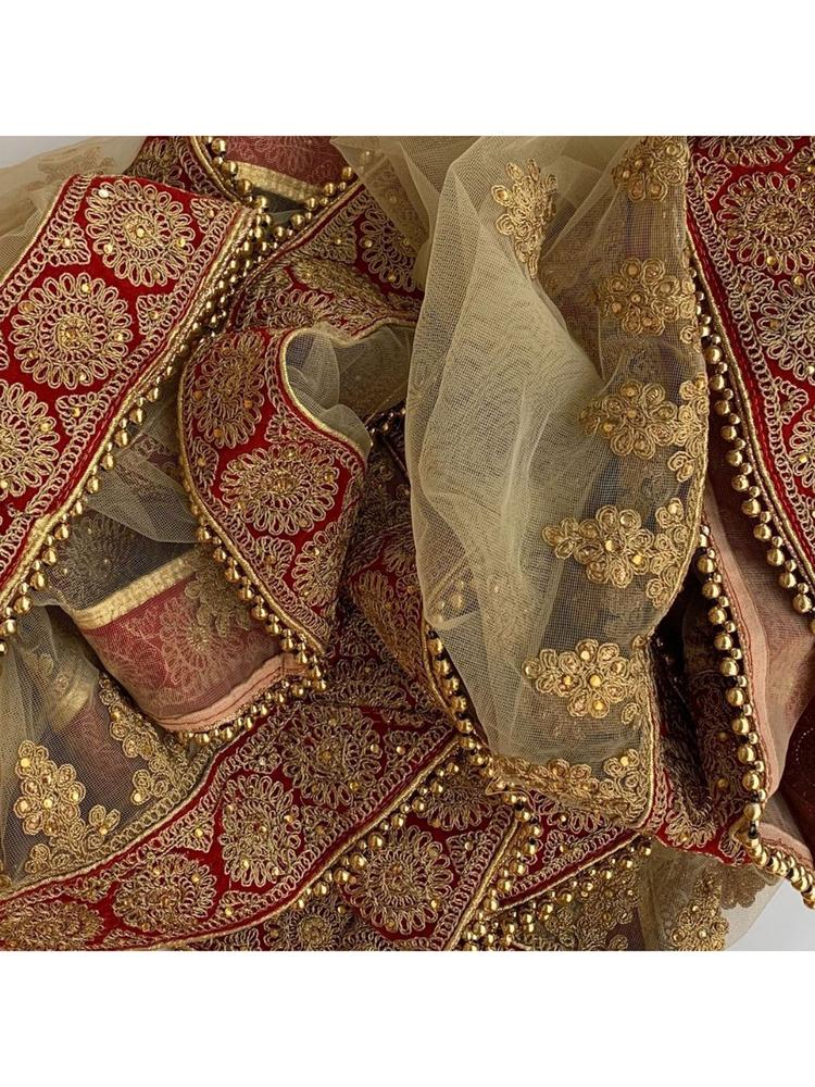 Bridal Gold Zari Velvet Embroidered Net Dupatta