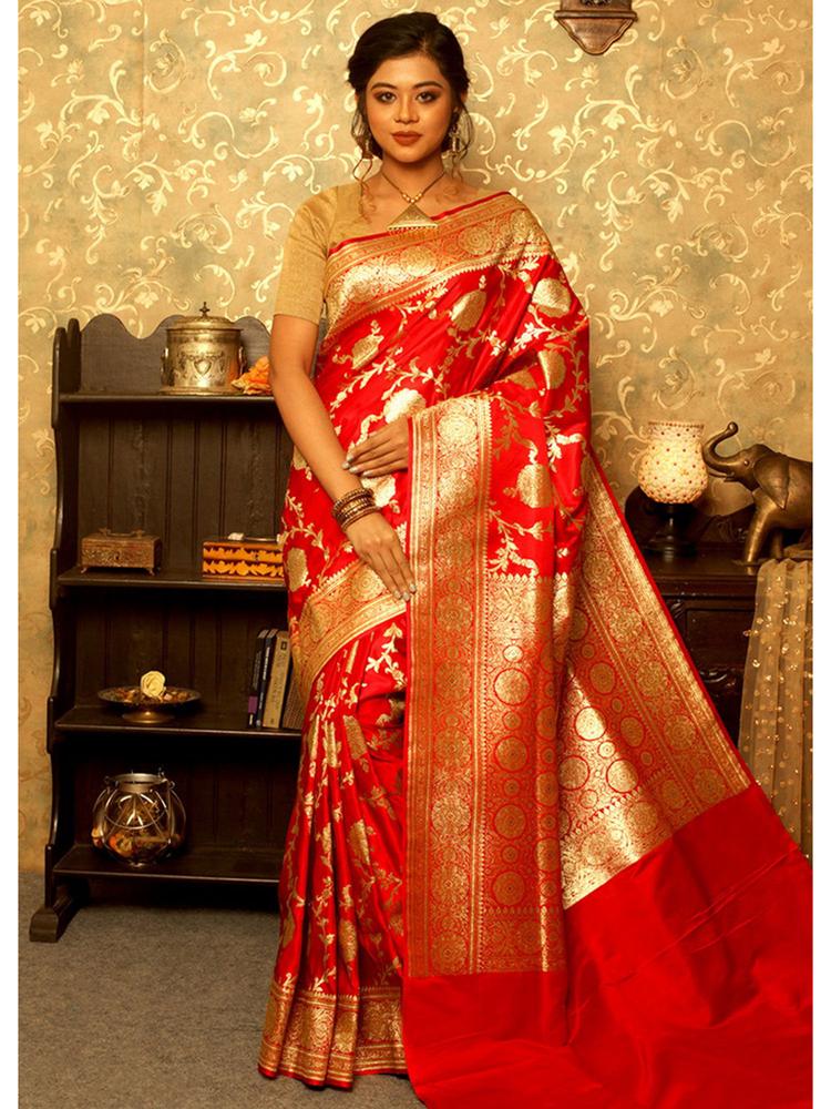 Red Banarasi Silk Saree with Unstitched Blouse