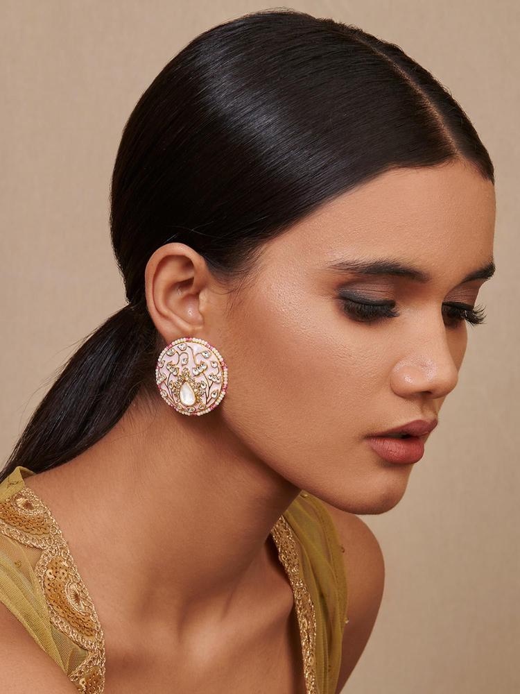 Meira Pink Enameled and Kundan Studs Embellished with Pearls