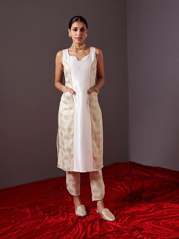 Pearl White Banarasi Zari Panelled Kurta With Front Pockets