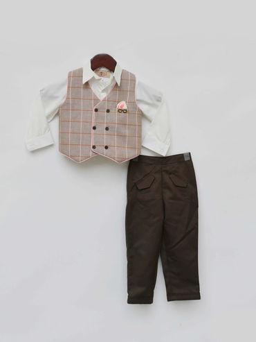 Dusty Brown Check Waist Coat with White Shirt And Pant (Set of 3)