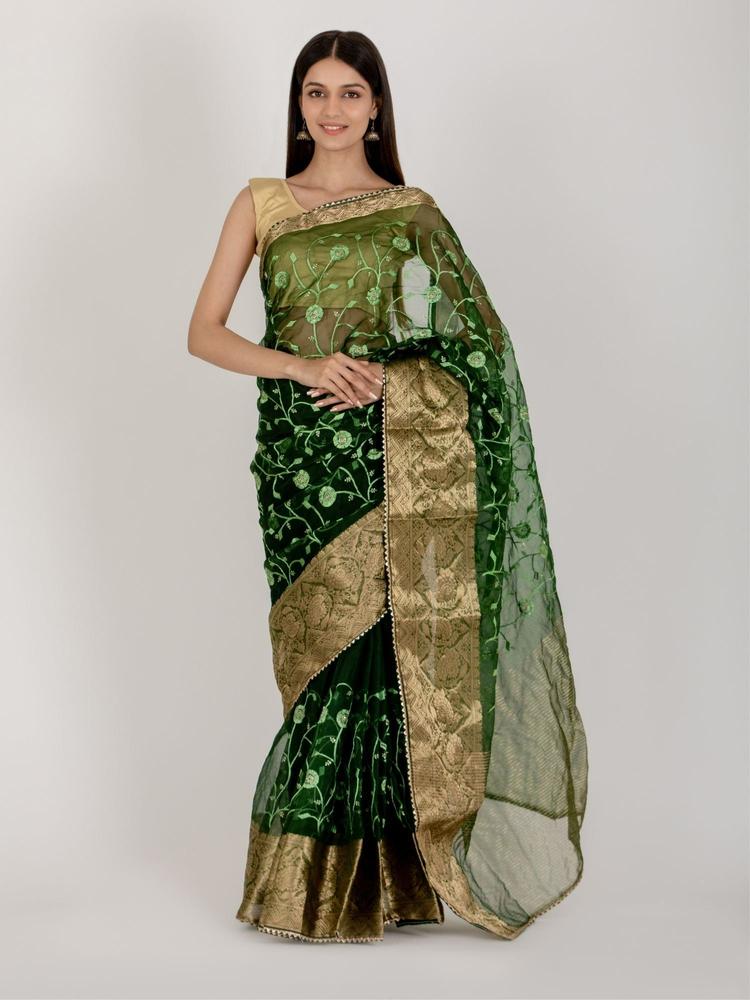 Green Flowerest Organza Saree with Unstitched Blouse