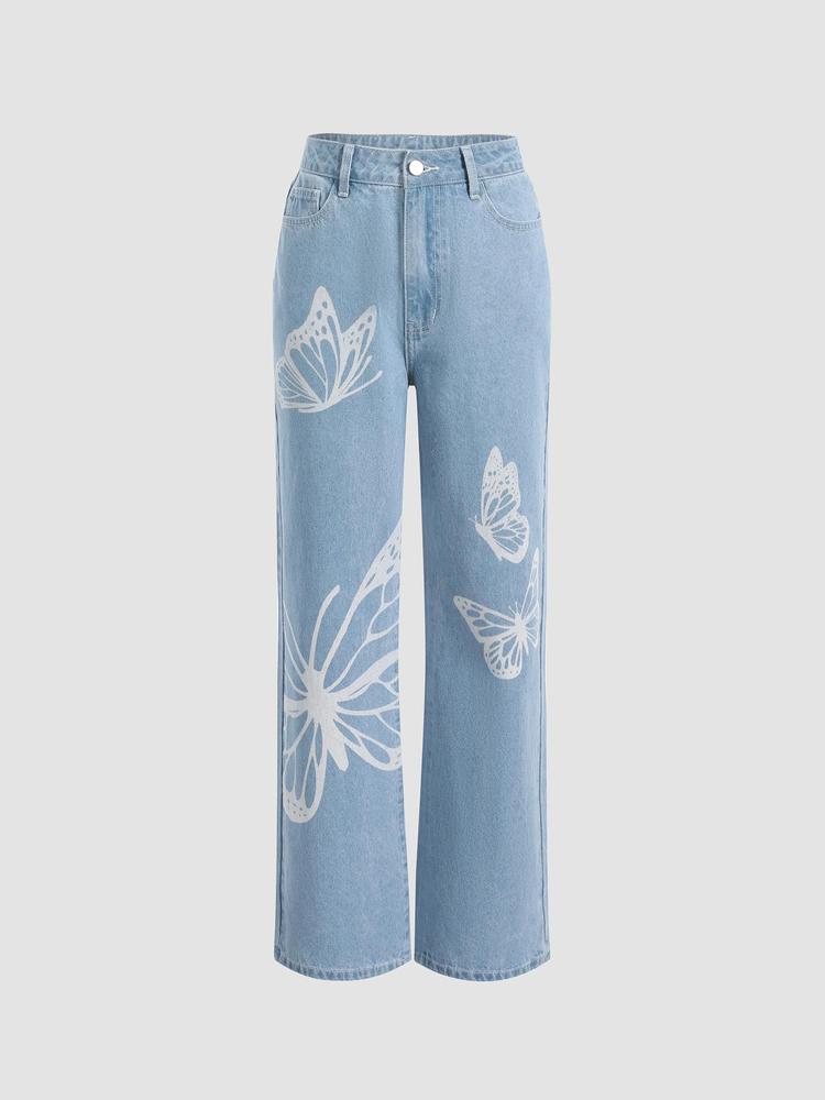 Butterfly Print Straight Leg Jeans