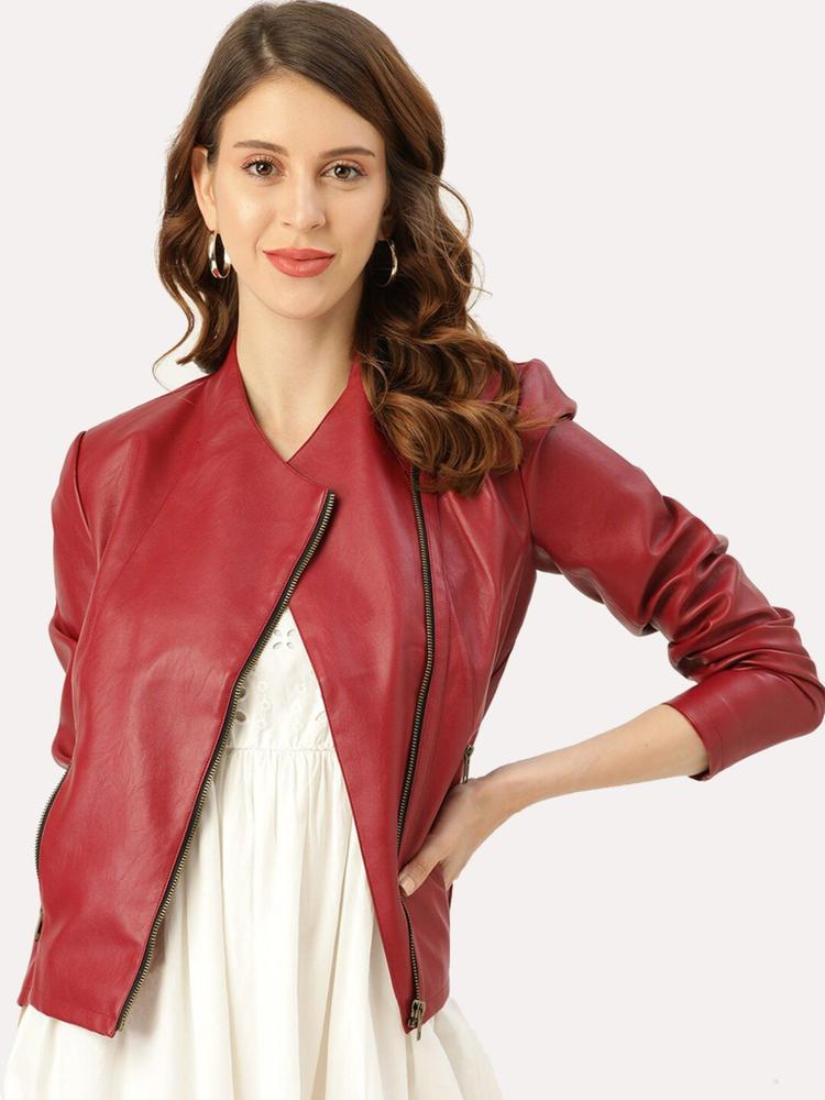 Cherry Colour Italian Style Faux Leather Jacket for Woman
