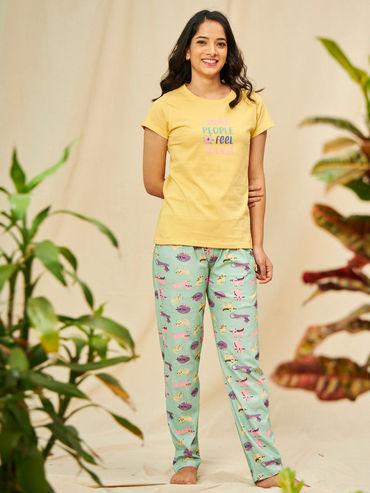 for Women Knit Cotton Yellow T-hirt - Pyjama - PC915 - Multi-Color