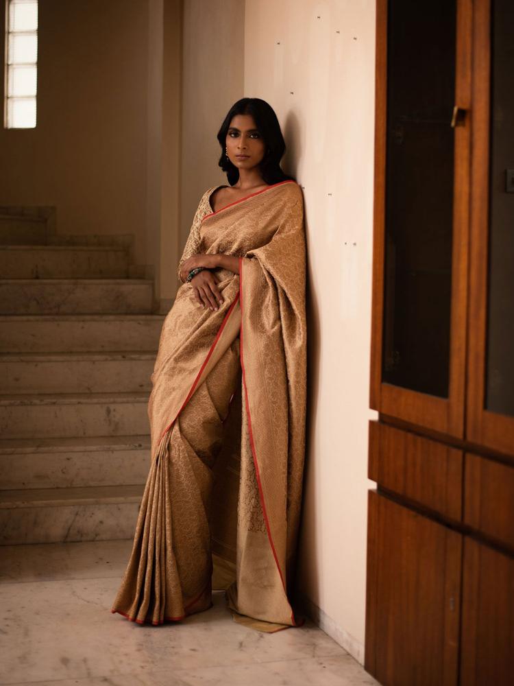 Sukhada Vintage Beige Silk Brocade Banarasi Saree with Unstitched Blouse