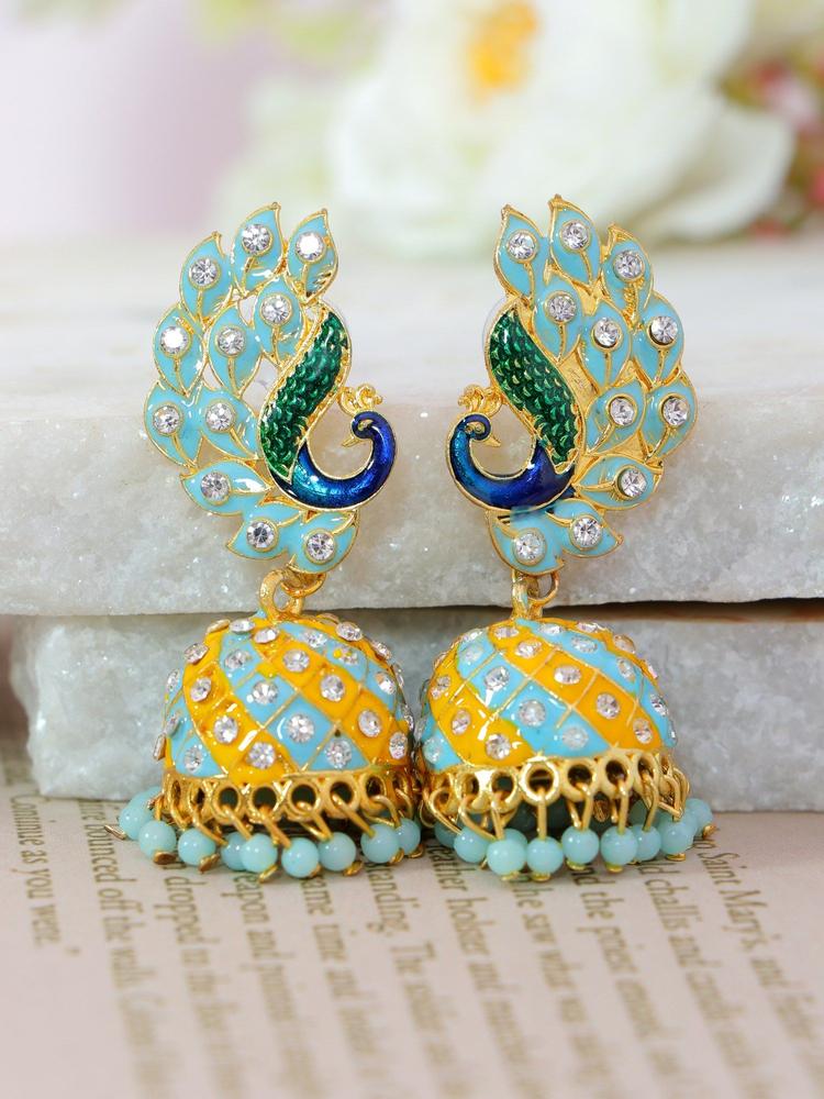 Stone Studded Turquoise Blue & Yellow Peacock Jhumki Earrings