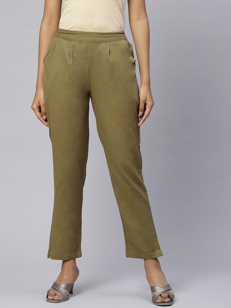Cotton Flax Solid Straight Trouser Pant Green