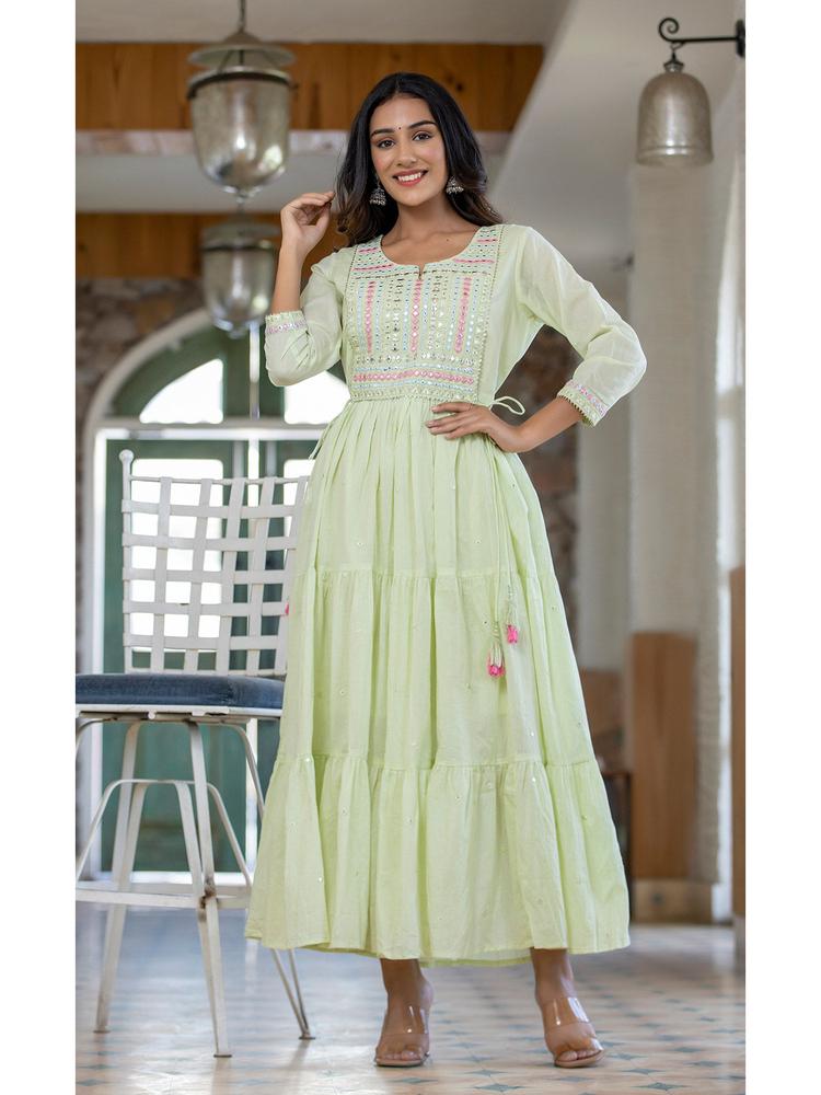 Green Mirror Embroidered Long Flared Gown