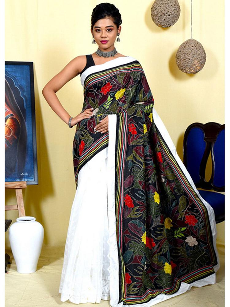 Black Kantha Stitch Silk Saree with Unstitched Blouse