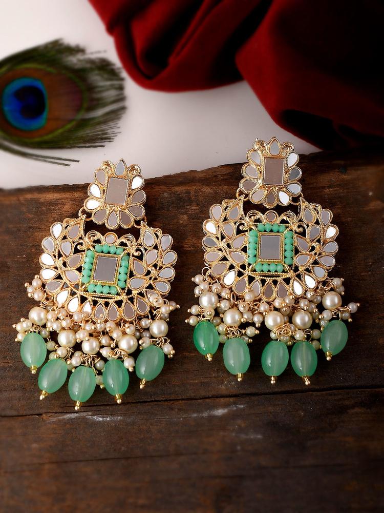 Gold-Plated Handcrafted Green Mirror Drop Earrings
