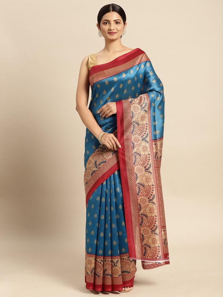 Sky Blue Art Silk Printed Traditional Saree with Unstitched Blouse
