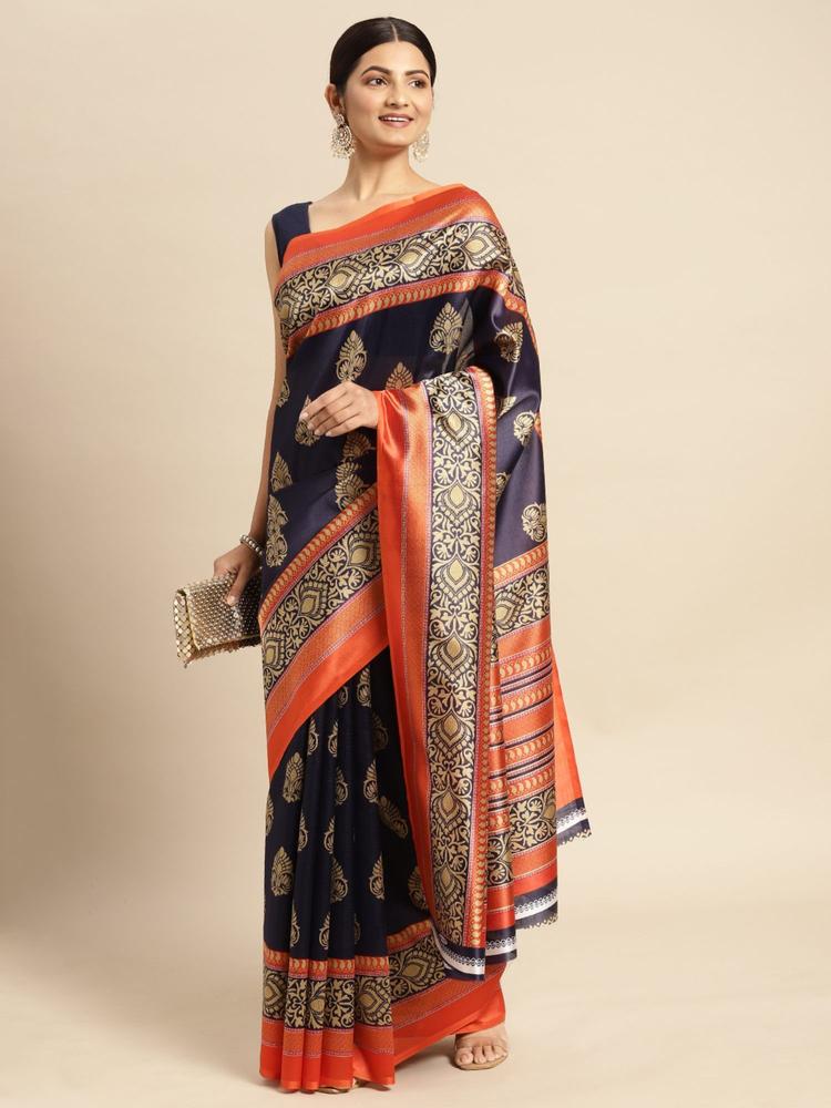 Navy Blue Art Silk Printed Traditional Saree with Unstitched Blouse