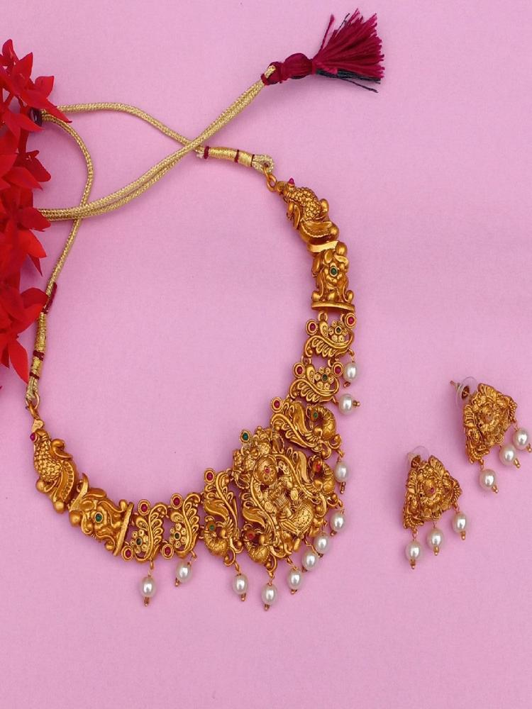 Gold Plated Lakshmi Ji Nakshi Temple Necklace Set with Crystals & Pearls for Women