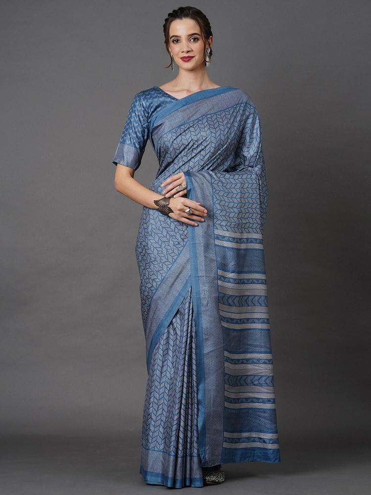 Women Dola Silk Blue Printed Designer Saree with Unstitched Blouse Piece