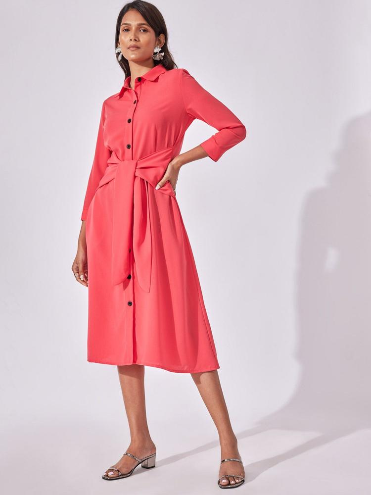 Strawberry Pink Front Tie Shirt Dress